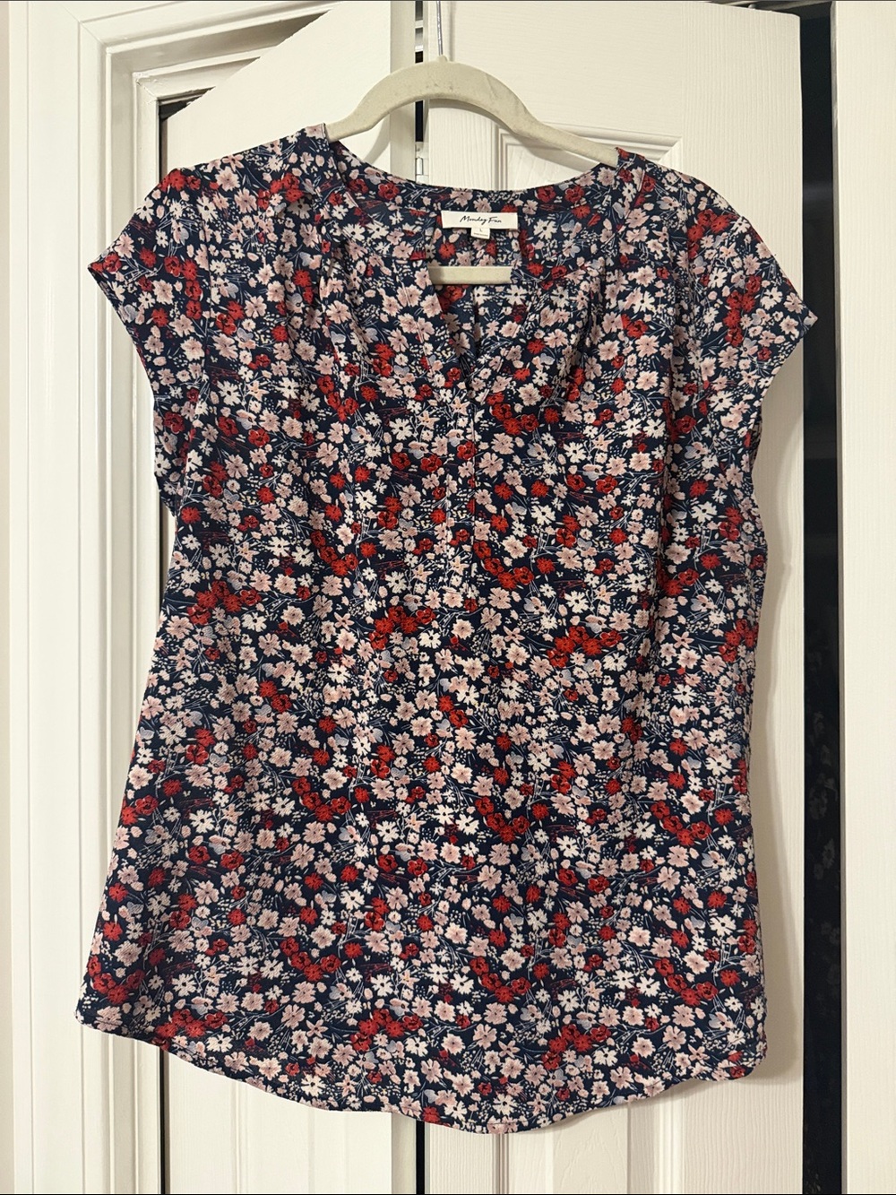 Monday Fun Navy Floral V-Neck Top with Red and Pink Blooms